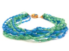 Lucite 12-strand Blue Green Glass Beaded Statement Necklace Gold Tone Box Clasp