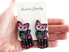 2-SIDED GLOW SUGAR SKULL SKELETON BLACK CAT DAY OF THE DEAD HALLOWEEN EARRINGS