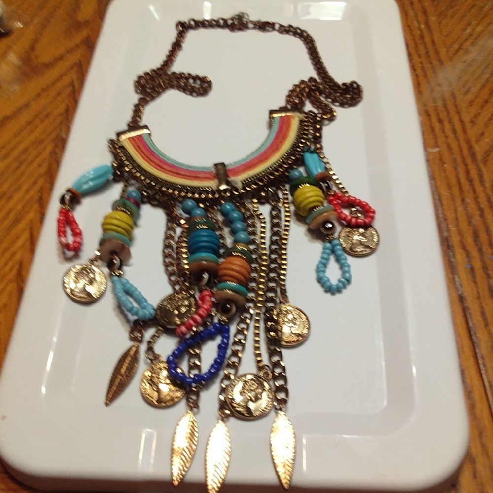 Multicolor Beaded Bib Statement Necklace Charm Dangles Bohemian Cable Chain