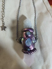 Pink Natural Rose Quartz Point Pendant Necklace With Chain And Skulls