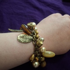 Handcrafted Gold Brown Beaded Charm Bracelet Leaf Dangle Glass Nature Theme