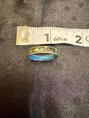 Vintage Cloisonne Enamel Band Ring | Green & Gold Symbols | Size 4.5 – 5