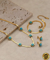 Natural Turquoise Necklace Bracelet Earring Set 18K Gold Plated Stainless Steel