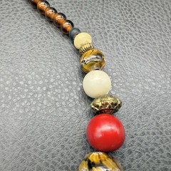 NY Necklace Beaded Statement Chunky Red Gold Cream Brown Floral Beads 16 Inch