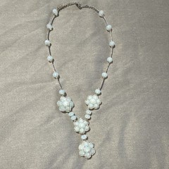 Silver Tone White Flower Charm Pendant Station Necklace, Hook Closure