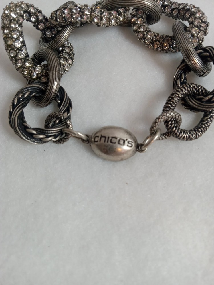 Chico’s Chunky 5″ Chain Link Rhinestone Bracelet Large Silver-Colored