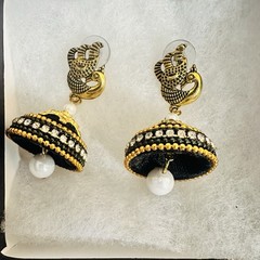 Indian Peacock Earrings 4-Pc Set | Silk Thread Beaded with Pearl Drop |