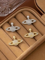 Celestial Crystal Statement Earrings, Saturn, Orb, Skull Accents Gold Pair