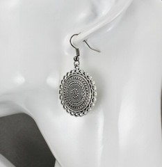 Silver stamped medallion dangle disc 1.75″ long earrings lightweight antiqued
