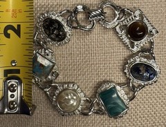 SarahCov Signed Silver Tone Multicolor Gemstone Link Charm Toggle Bracelet 7in