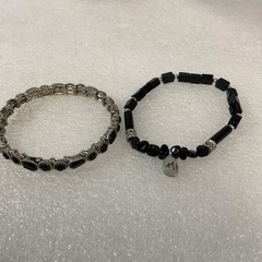 6in & 6.5in Black Beaded Bracelet Pair Silver Tone Stretch Jewelry Set