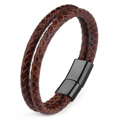 Genuine Leather Double Rope Braid Bracelet with Stainless Steel Magnetic Clasp