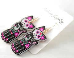 2-SIDED GLOW SUGAR SKULL SKELETON BLACK CAT DAY OF THE DEAD HALLOWEEN EARRINGS