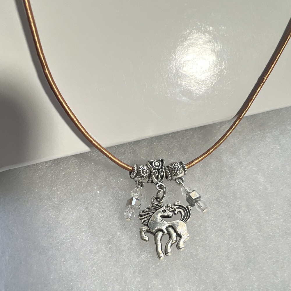 Silver horse crystals, leather cord, lobster, claw clasp 16 inch