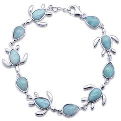 Natural Larimar Turtle Charm .925 Sterling Silver Bracelet 7.5″