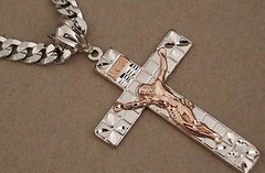 Men’s Rhodium Plated 36in 10mm Cuban Chain & 2 Tone Rose Pink Gold XL Cross Set