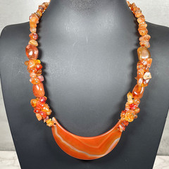 Genuine Carnelian Agate Statement Necklace Crescent Bib Carved Orange Stone 20″