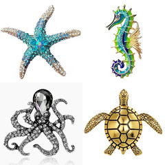 1Pc Retro Marine Organism Brooch for Men Women Vintage Animal Seafish Octopus T