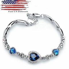 Women Girls Blue Crystal Jewelry Silver Plated Charm Bracelet Bangle A76