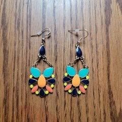 Handmade Dangle Earrings Multicolor Gold Tone Nickle Free 2 3/4 In 1 Inch Wide