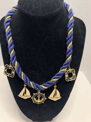 Nautical Navy & Gold Rope Collar Necklace w/ Sailboat & Anchor