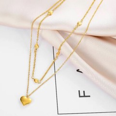 Woman 18K Gold Plated Stainless Steel Heart Charm 2 Layers Chain Necklace