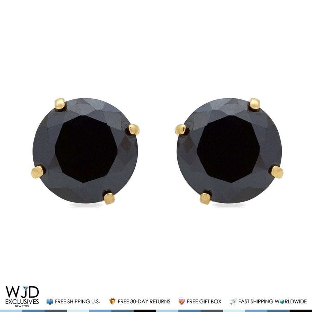 14K Yellow Gold 2.50Ct Simulated Black Diamond Round Screw Back Stud Earrings