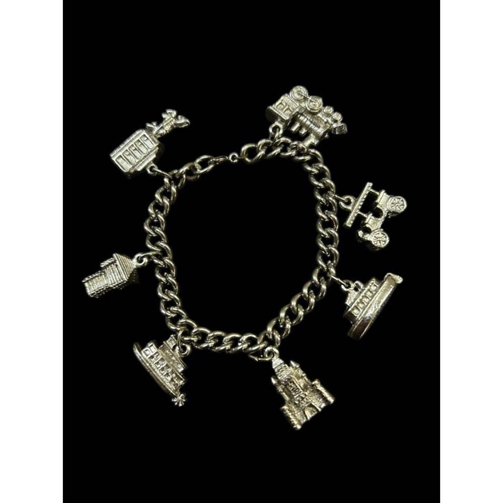 Silvertone Charm Bracelet Travel Theme 6.5″ Spring Clasp