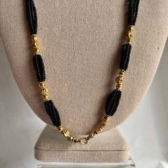 Vintage Black Seed Bead Multi Strand Statement Necklace Gold Accent Costume Boho