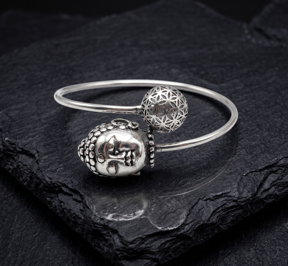Handmade Buddha Head Silver & Brass Cuff Bracelet | Spiritual Adjustable Open