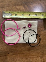 pink/black hoop & stud earrings, pink rhinestone, latch back, 3 in dia