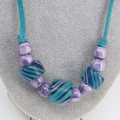 Glass Roll Beaded Necklace Purple Diagonal StripeTurquoise Suede Tie Cord 35 in