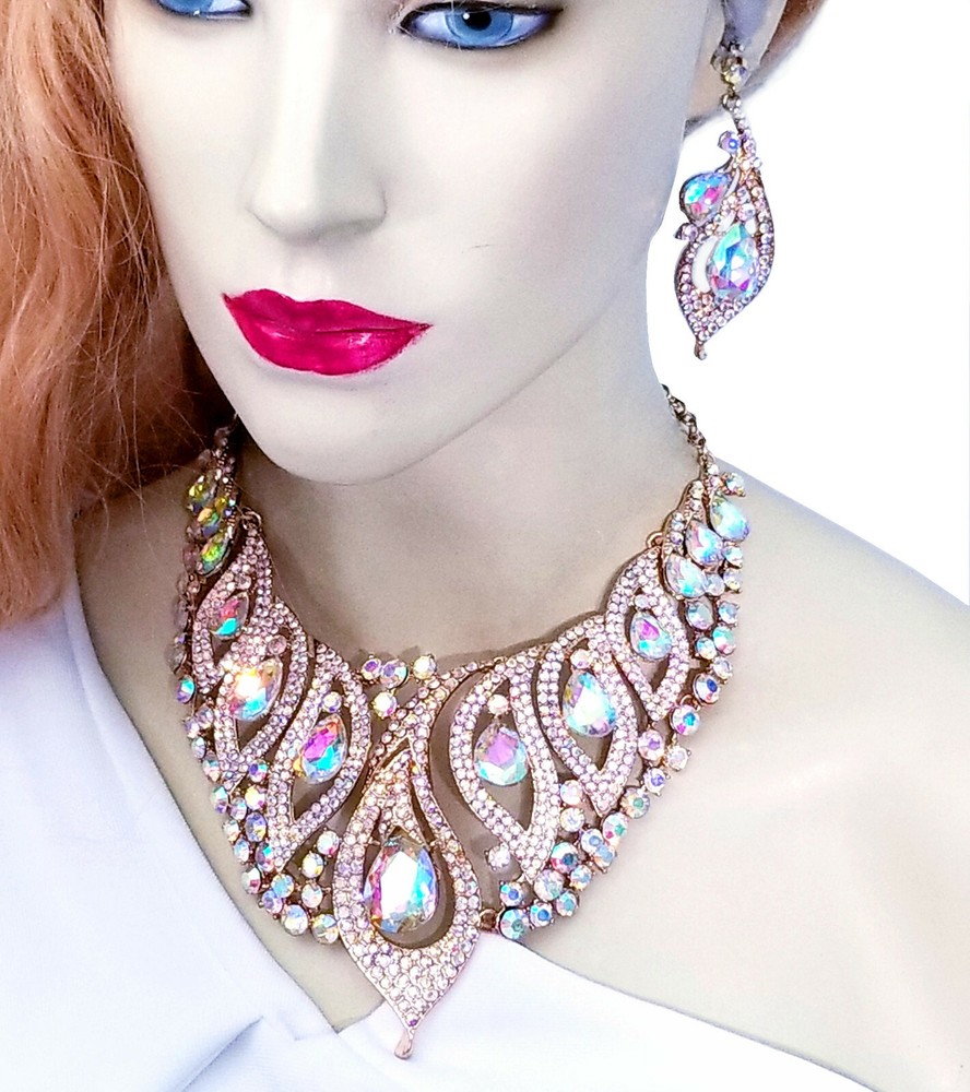 AB Statement Necklace Earring Crystal Rhinestone Bridal Pageant Prom Jewelry