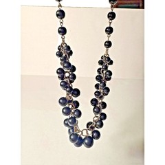 Black Cluster Bead Statement Necklace Silver Tone Chunky Bib 18 Inch