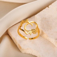 Initial Letter Gold Ring Adjustable Leaf Flower Ring Women’s Fashion Jewelry 82