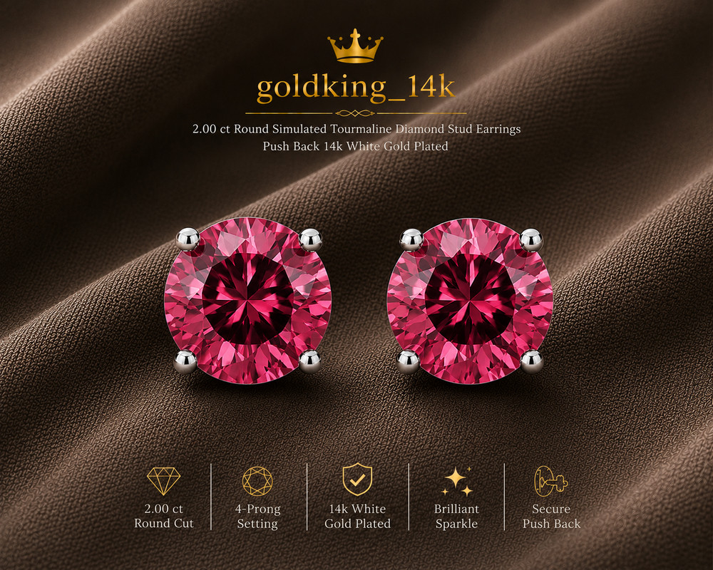 2ct Round Simulated Tourmaline Diamond Stud Earrings Push Back 14k White Plated