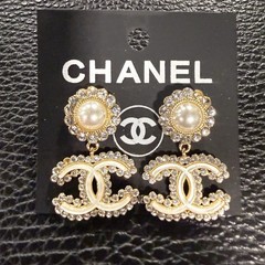 CHANEL Silver Crystal Pearl Double CC Dangle Earrings READ
