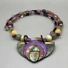 Suzanne Bellows Necklace Assorted Gemstones Glass Beaded Fabric Pendant Artisan
