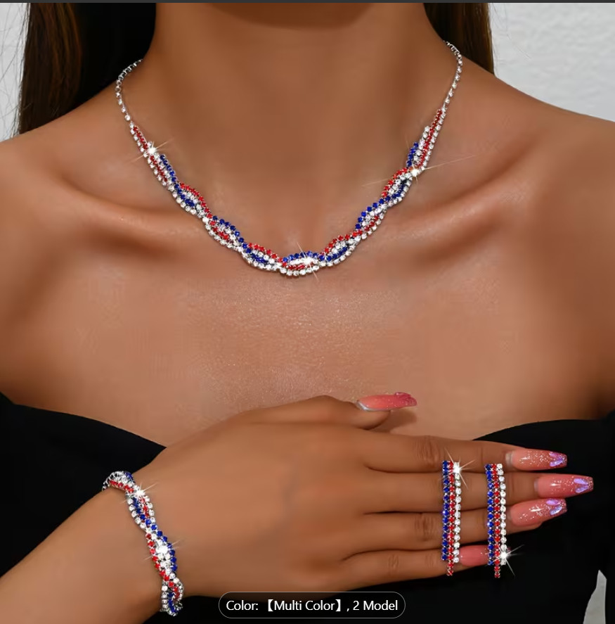 NEW RED WHITE BLUE RHINESTONE EARRING NECKLACE TWISTBRACELET SET USA FLAG DESIGN
