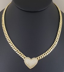 14K Gold Plated Cz Heart Cuban Choker Chain Necklace And Bracelet Set