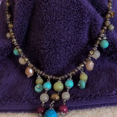 Silver Tone Beaded Necklace w/ Turquoise & Tiger’s Eye Round Charm, Multicolor