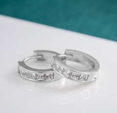 S925 Sterling Silver Square CZ Small Huggie Hoop Earrings 14mm Women Men I32