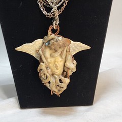 Handmade moth goddess sculptural necklace moving wings skull face art deco goth