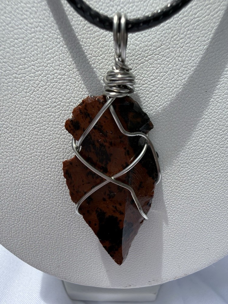 Handmade Mahogany Obsidian Arrowhead Pendant Adjustable Cord