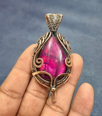 Pink Fire Labradorite Pendant Copper Wire Wrapped Jewelry Handmade Gem Jewelry