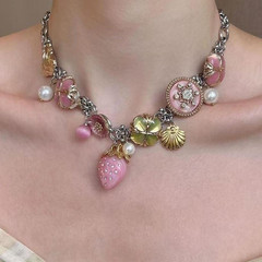 Pink Strawberry Multi-Charm Necklace