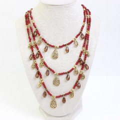 Robert Rose Three-Strand Red & Brown Beaded Gold-Tone Boho Necklace 16.5″