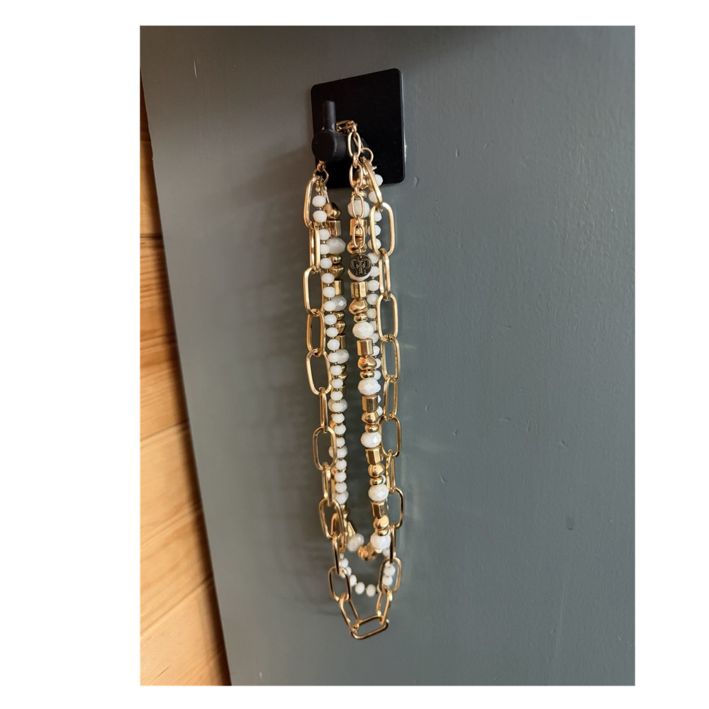 Layered Chain Beaded Necklace Gold White Fashion Jewelry