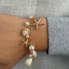 Gold Starfish Shell Charm Bracelet Pearl Beach Coastal Ocean Jewelry Gift