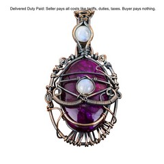 Pink Fire Labradorite Gemstone Rainbow Moonstone Copper Evil Eye Wedding Pendant
